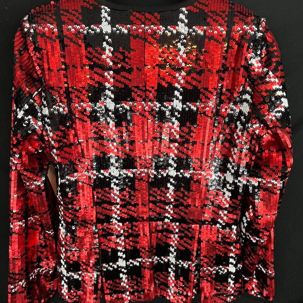 Holiday Ready Boston Proper Sequined Plaid Peplum Zip Blazer - Picture 12 of 16